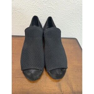 Eileen Fisher Sz 9 Black Wink Knit Open Toe Pump Heels Stretch Mesh & Suede
